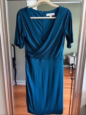 LOFT Deep Teal Draped Wrap-Front Midi Dress
